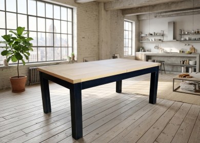 Table à allonges INDUSTRIEL-METAL - bois de chêne massif